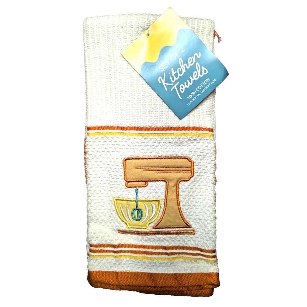 Kitchen Mixer Towels Embroidered Applique Orange Yellow White 2-Pc Gift NEW